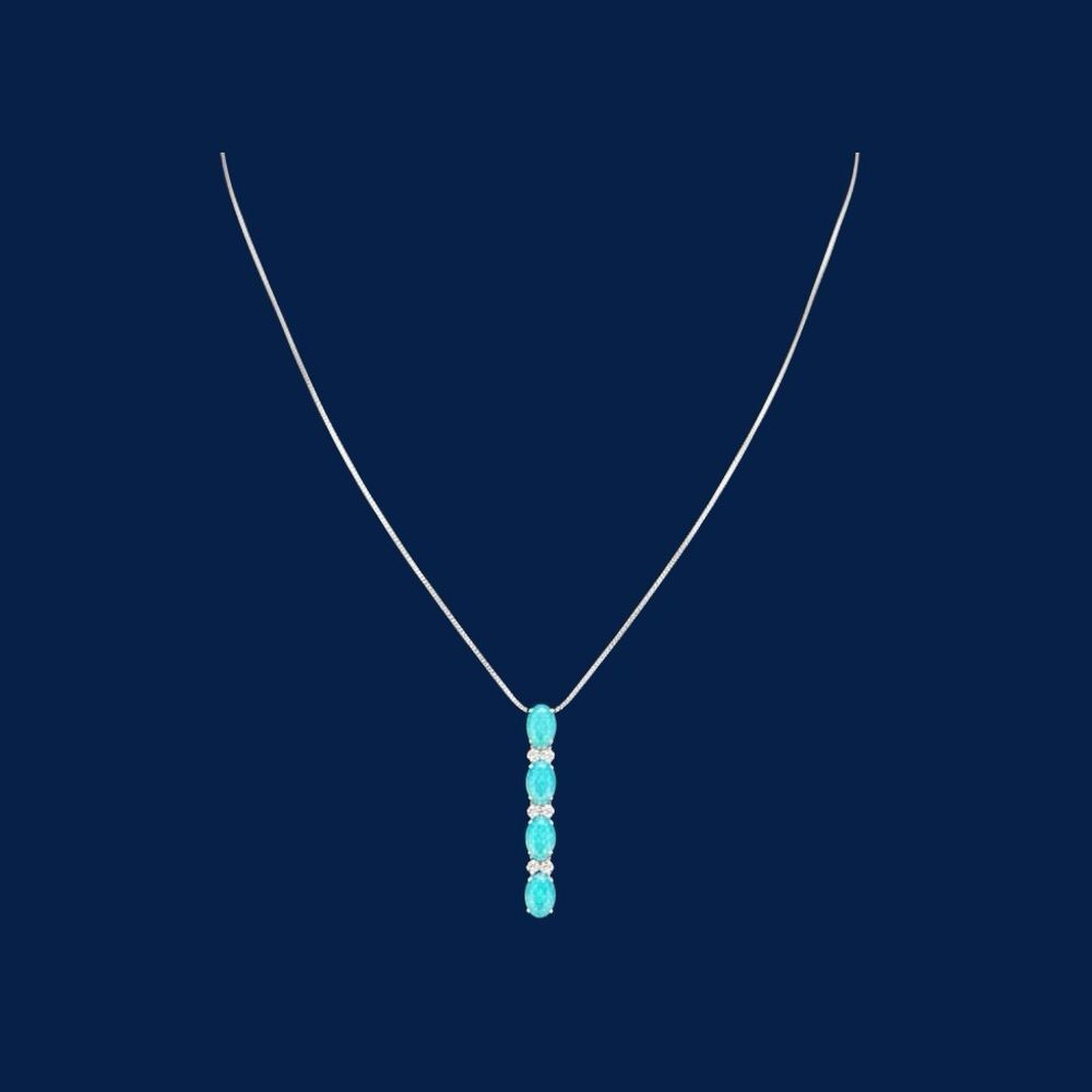 Blue Green Cabachon Opals & 12 Diamonds
Drop Pendant 14K White Gold Box Necklace